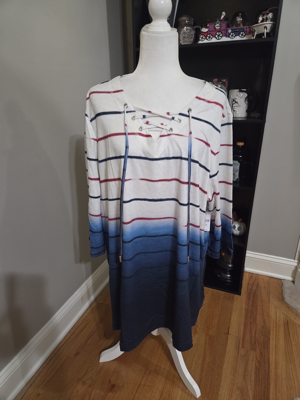 Catherines White Striped Lace-Up V-Neck Tunic with Red & Blue Ombre